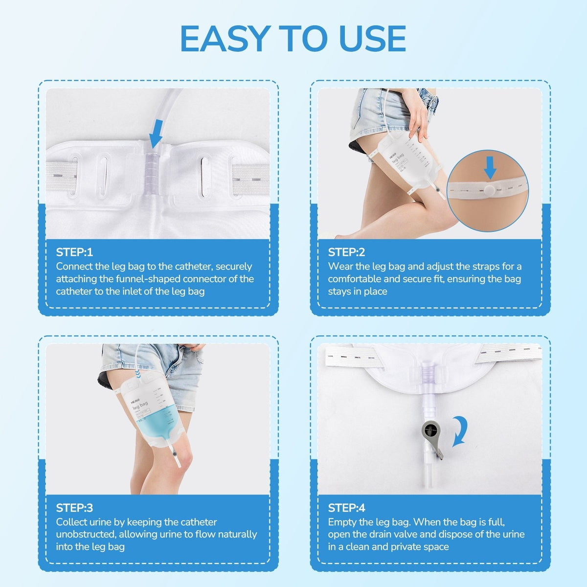 Onnohere 3 Pack 1000ml Catheter Leg Bags, Urinary Drainage Bag with Anti Reflux Valve 18” Tubing and Adjustable