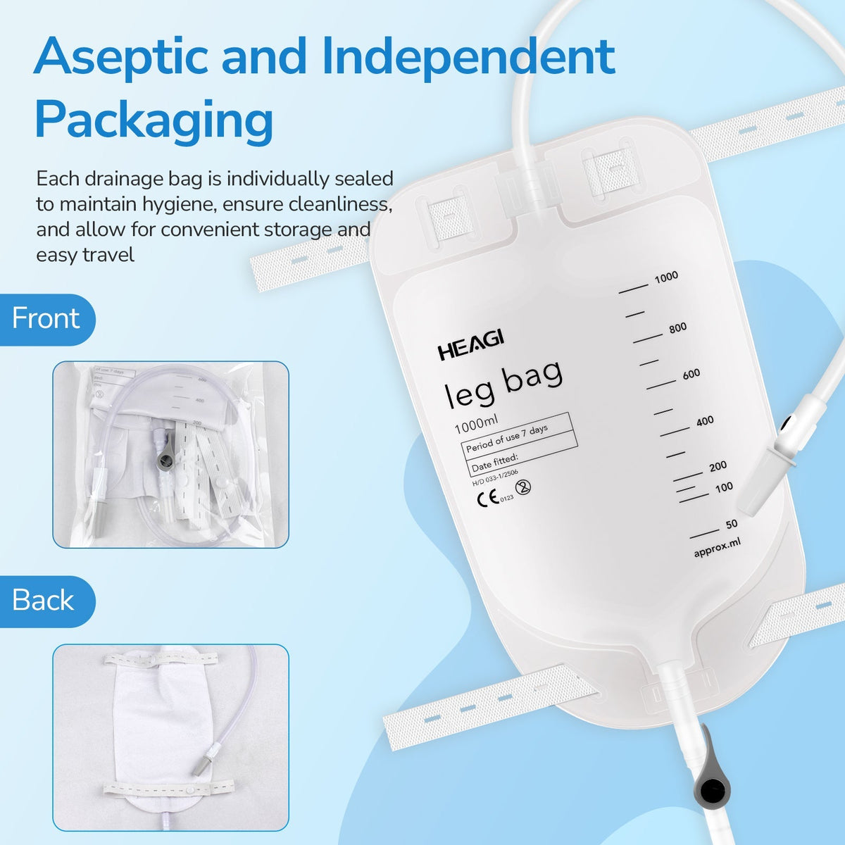 Onnohere 3 Pack 1000ml Catheter Leg Bags, Urinary Drainage Bag with Anti Reflux Valve 18” Tubing and Adjustable