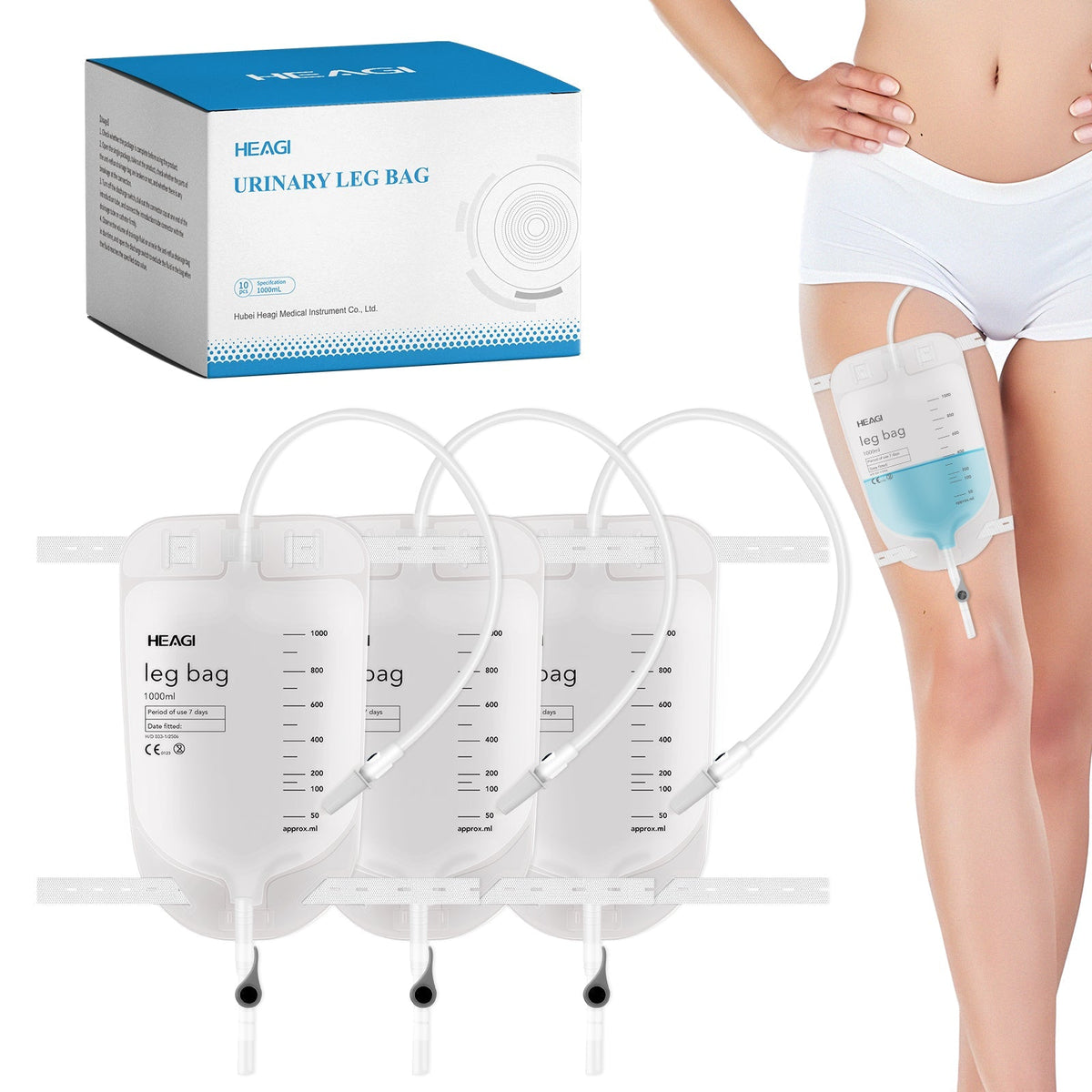 Onnohere 3 Pack 1000ml Catheter Leg Bags, Urinary Drainage Bag with Anti Reflux Valve 18” Tubing and Adjustable