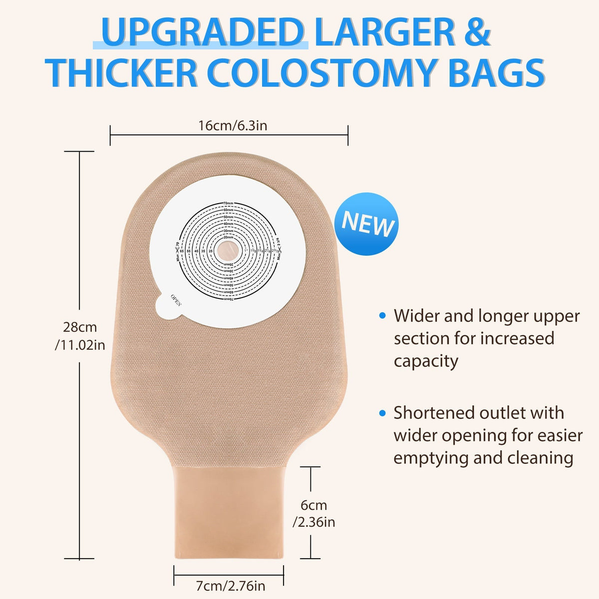 Onnohere 100 Pack Ostomy Bags One-Piece Drainable Pouches with Closure for Stoma Care, Cut-to-Fit 15–70mm