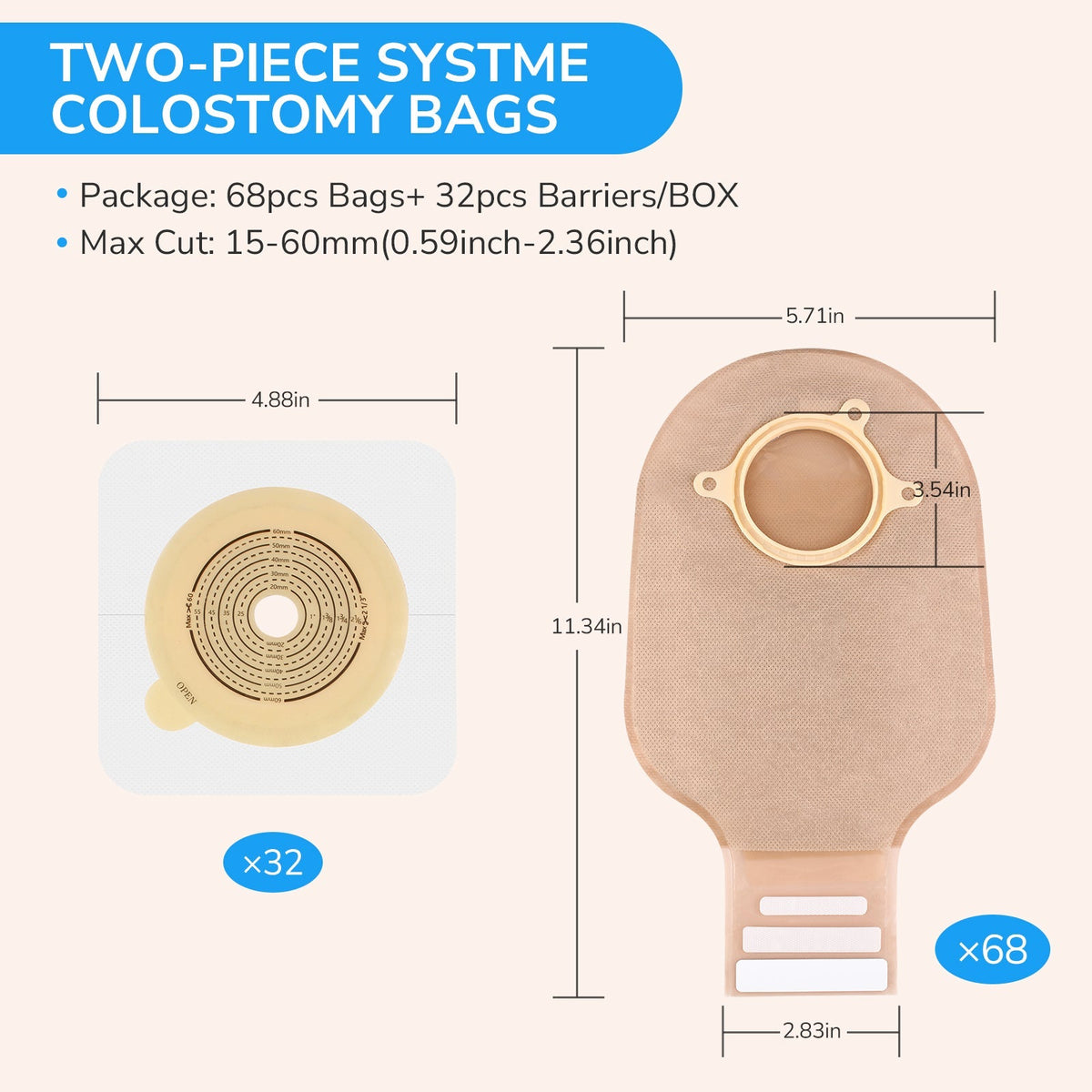 Onnohere 100 PCS Colostomy Bags, Two Piece Drainable Pouches with Closure 60mm Max, Ostomy supplies