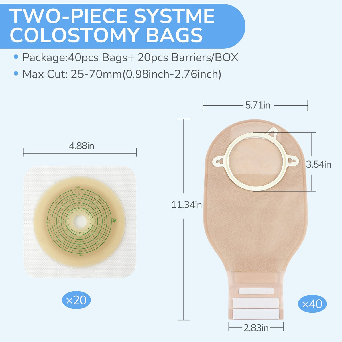 Onnohere 60pcs 2-Piece Colostomy Bags Drainable Pouches with Closure Cut-to-Fit, 70mm Max