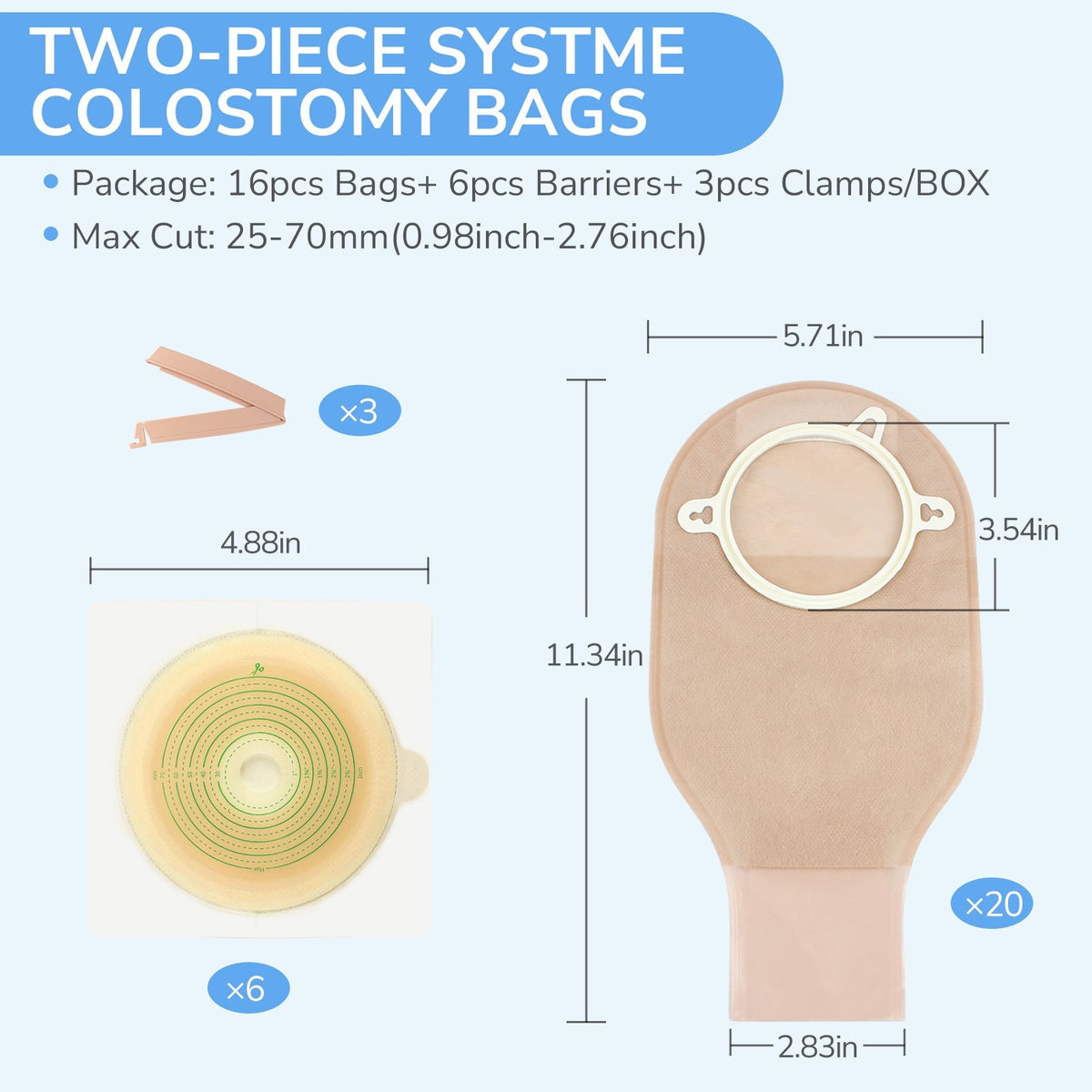 Onnohere 2-  Piece Colostomy Bags Ostomy Pouch with Clamp Closure for Ileostomy Stoma Care 22pce