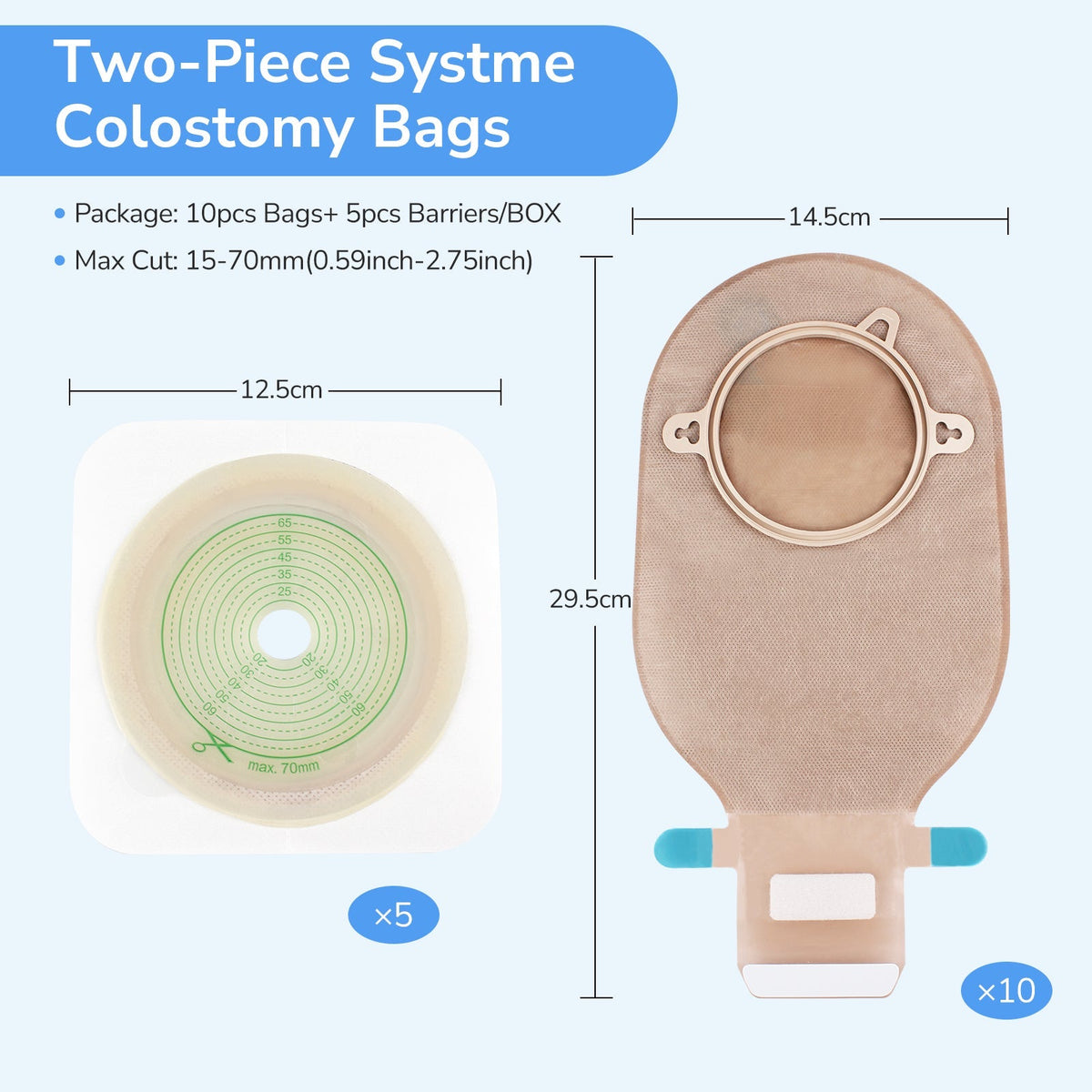 Onnohere 2-Piece Colostomy Bags with Exhaust Hole, Drainable Ostomy Pouch , Cut-to-Fit 20–70mm