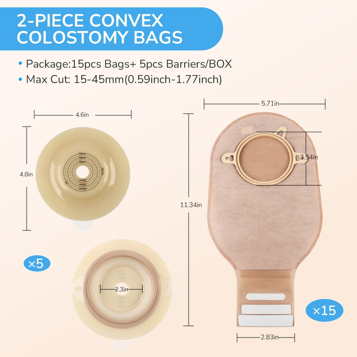 Onnohere 20 PCS  Convex 2-Piece Ostomy Bags Drainable Pouches with Closure, Cut-to-Fit 20–45mm Ostomy Supplies