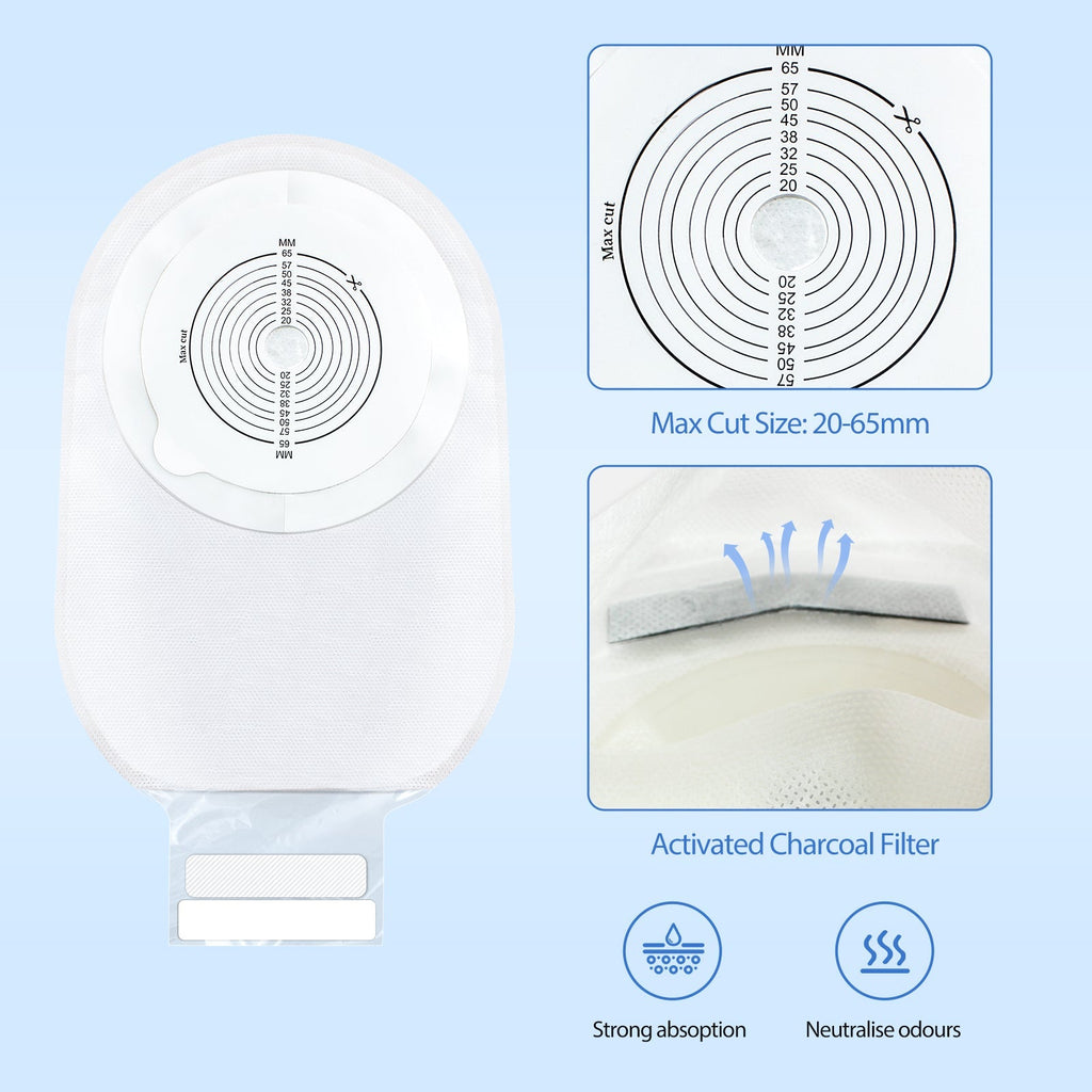 Onnohere 100 Pack One-Piece Ostomy Bags – Drainable Colostomy Pouches with Secure Hook Closure, 20–65mm