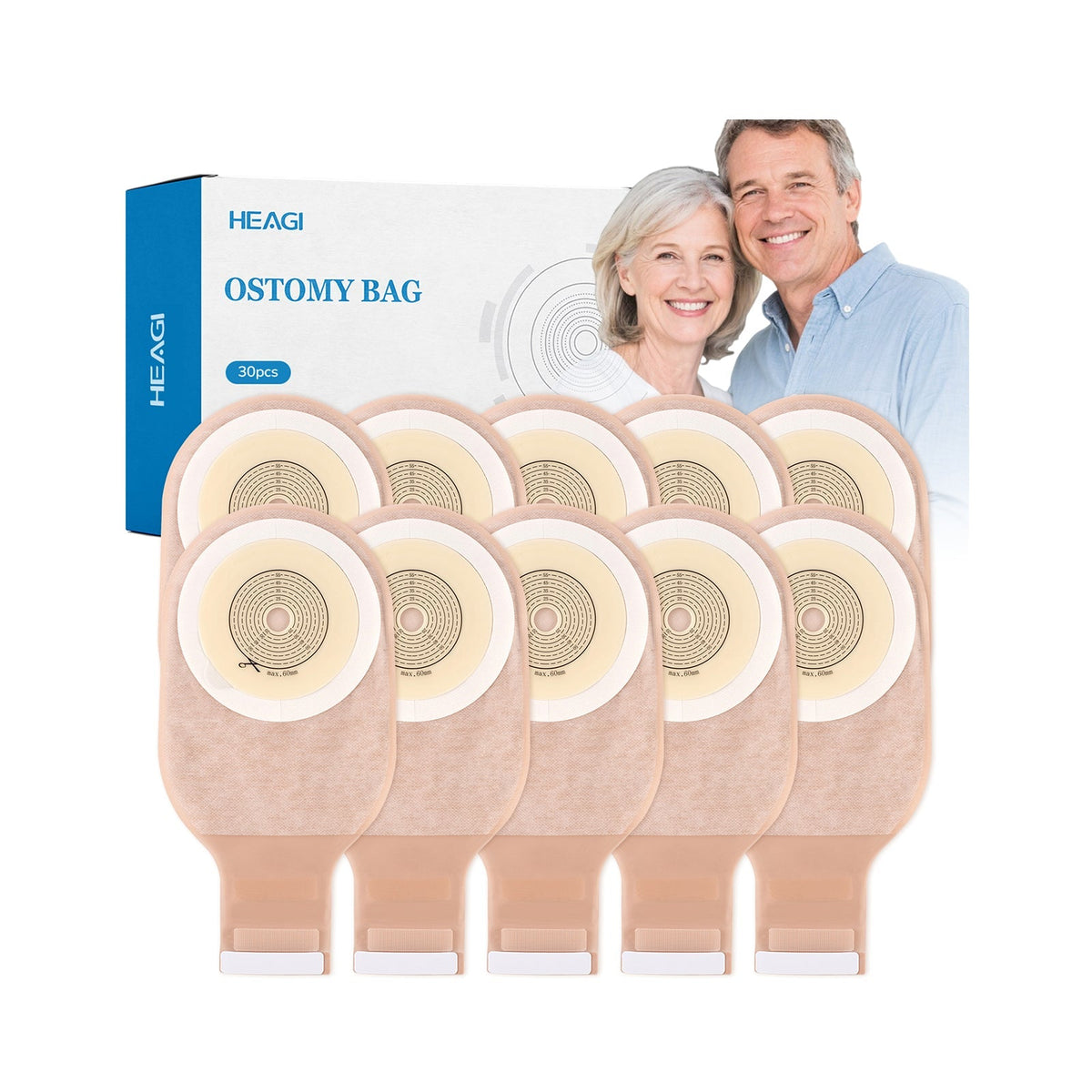 Onnohere 30 PCS Colostomy Bags, One-Piece Drainable Ostomy Pouch for Stoma Care, Cut-to-Fit 15–60mm