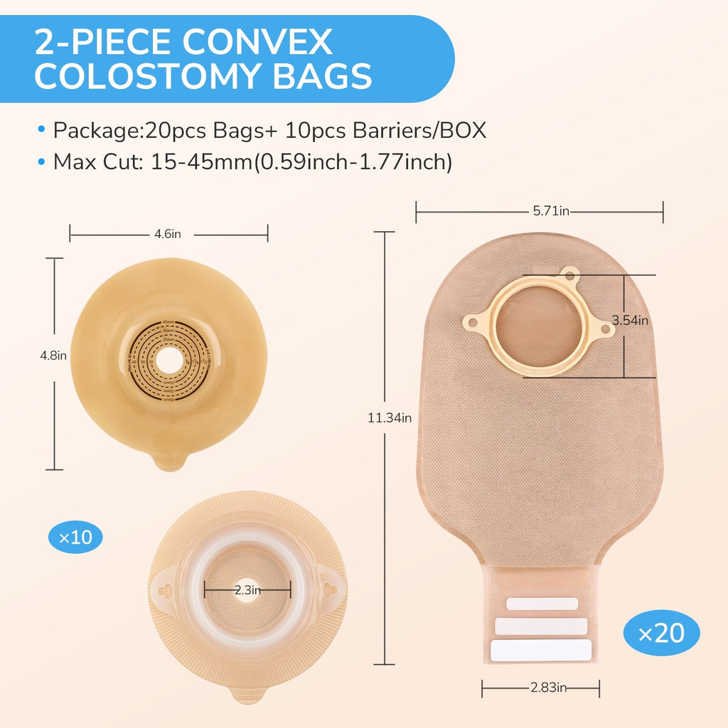 Onnohere 30pcs 2 Piece Convex Colostomy Bags 15-45mm Drainable Pouches with Closure for Ileostomy Ostomy supplies