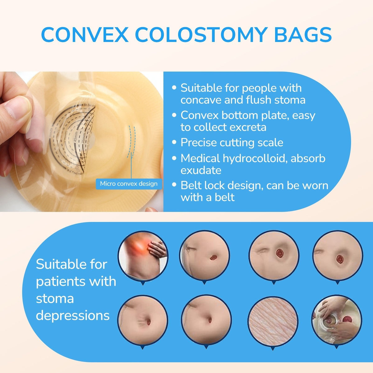 Onnohere 30pcs 2 Piece Convex Colostomy Bags 15-45mm Drainable Pouches with Closure for Ileostomy Ostomy supplies