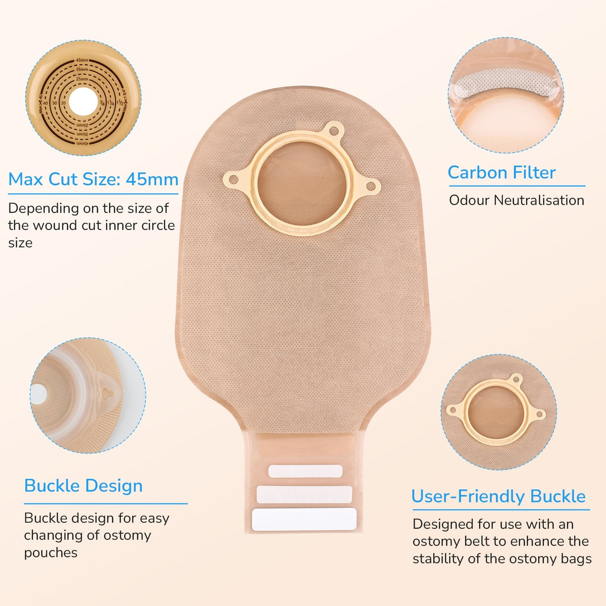 Onnohere 30pcs 2 Piece Convex Colostomy Bags 15-45mm Drainable Pouches with Closure for Ileostomy Ostomy supplies
