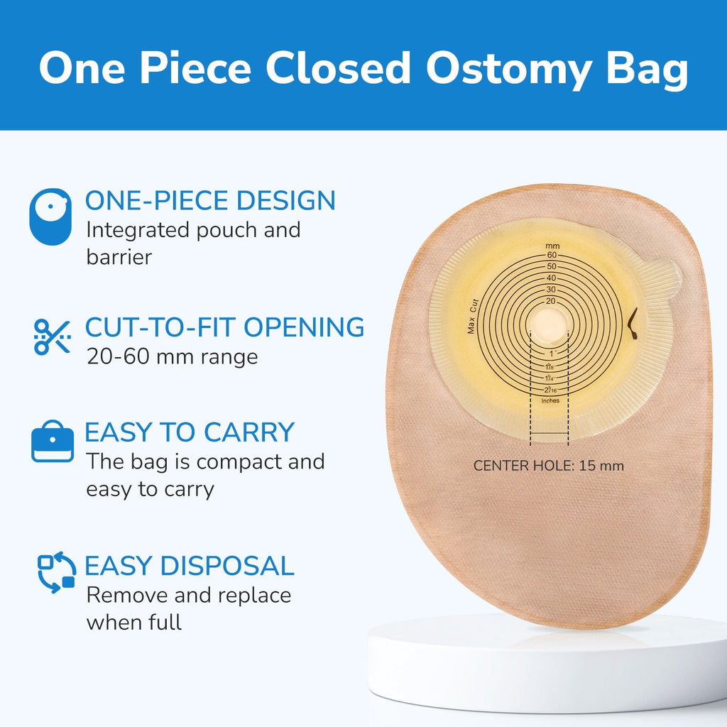 Onnohere 50 Pack Closed Ostomy Bags – One-Piece Disposable Colostomy Pouches, Cut-to-Fit 20–60mm