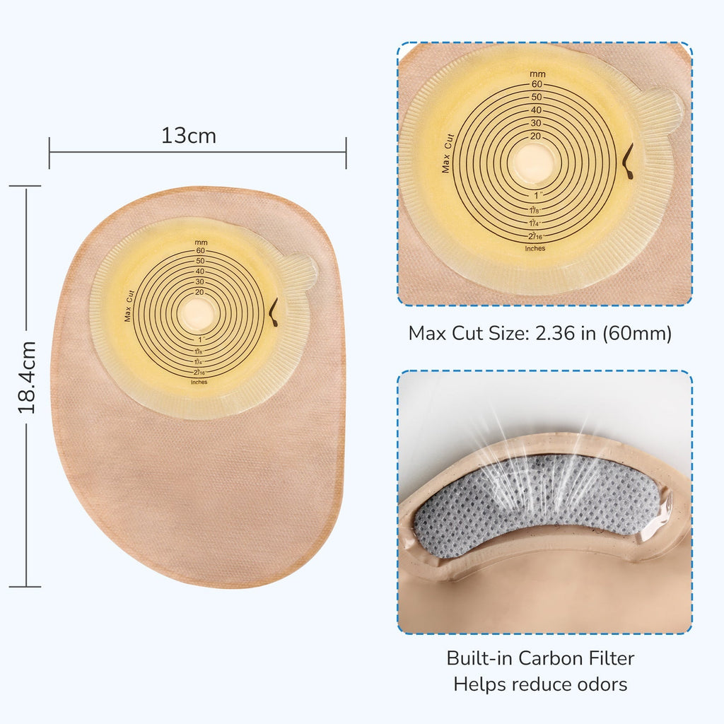 Onnohere 50 Pack Closed Ostomy Bags – One-Piece Disposable Colostomy Pouches, Cut-to-Fit 20–60mm