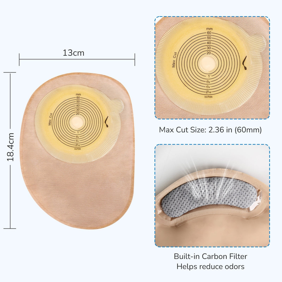 Onnohere 50 Pack Closed Ostomy Bags – One-Piece Disposable Colostomy Pouches, Cut-to-Fit 20–60mm