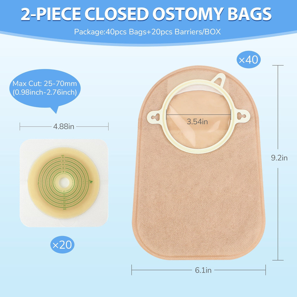 Onnohere 60pcs Colostomy Bags 2 Piece Closed End, Disposable Ostomy Pouch for Ileostomy, Travel Backup