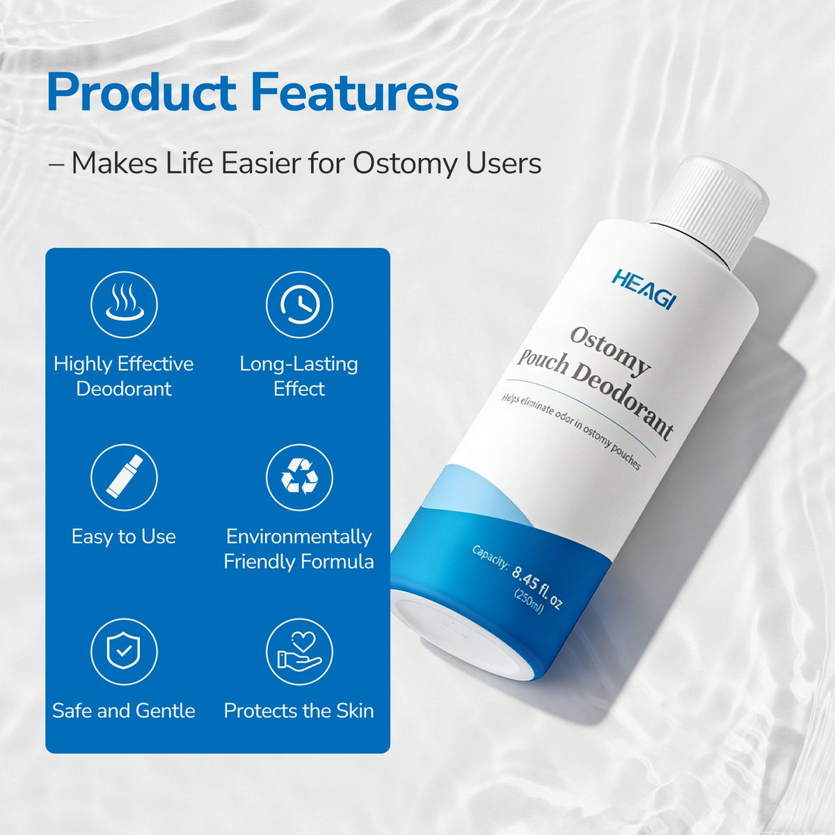 Onnohere Odor Eliminator Drops for Colostomy Bags, Ostomy Drops, Unscented Lubricating Deodorizer for Ileostomy Bags (250ml)