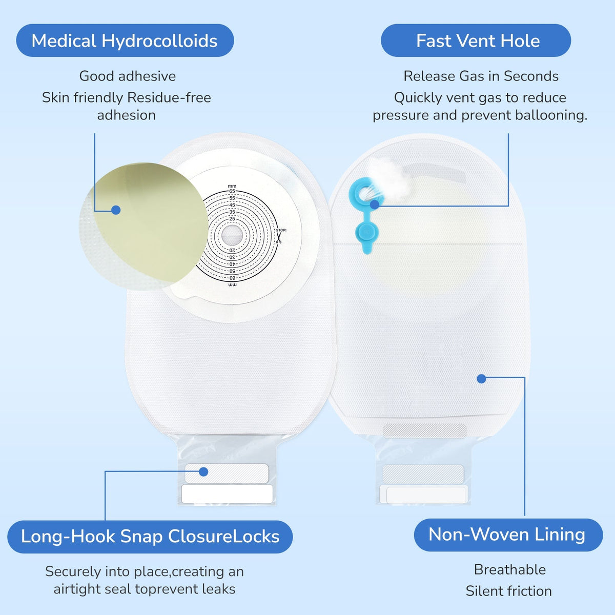 Onnohere One-Piece Drainable Colostomy Bags with Fast Vent & Secure Hook Closure 20 Pack Ostomy pouch