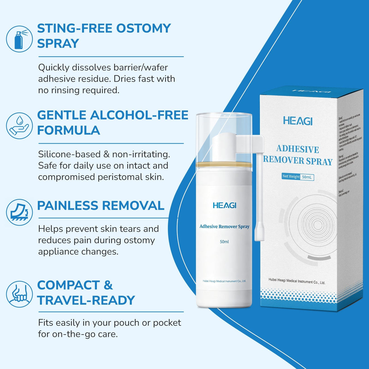 Onnohere Ostomy Adhesive Remover Spray – No-Sting Skin-Friendly Spray for Gentle Adhesive Removal (50ml) Ostomy Care